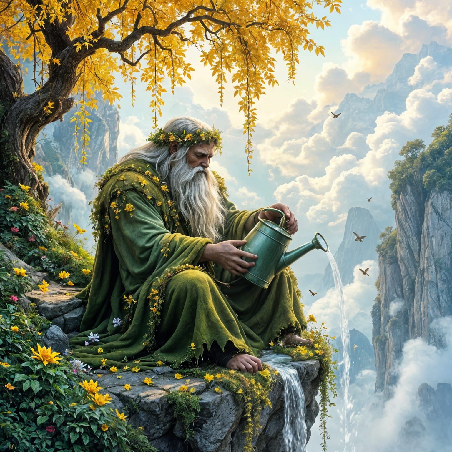 Stone Giant with Hanging Gardens in Ethereal Fantasy