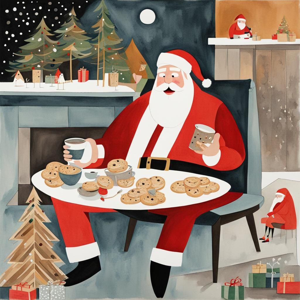 Santa Claus Celebrates Christmas Eve in Watercolor Style
