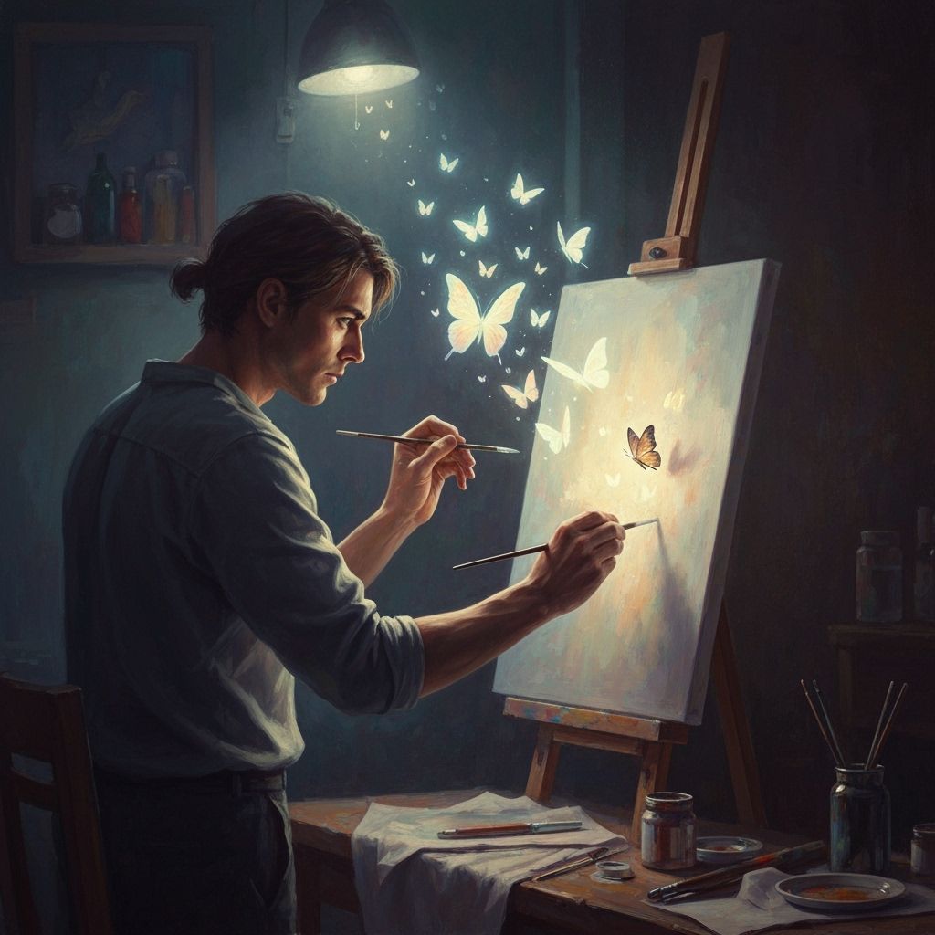 Artist Paints Luminous Butterflies Emerging from Canvas