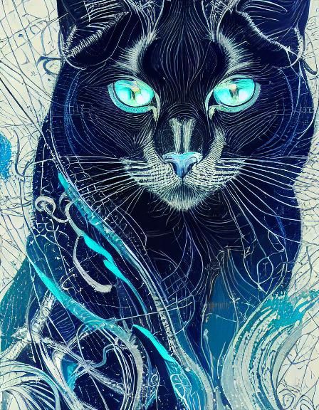 Black Cat Portrait with Blue Fire Aura