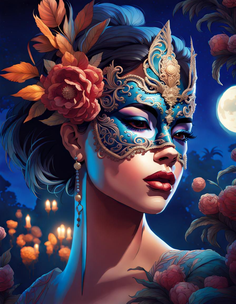 Woman in Masquerade Costume in Moonlight Garden