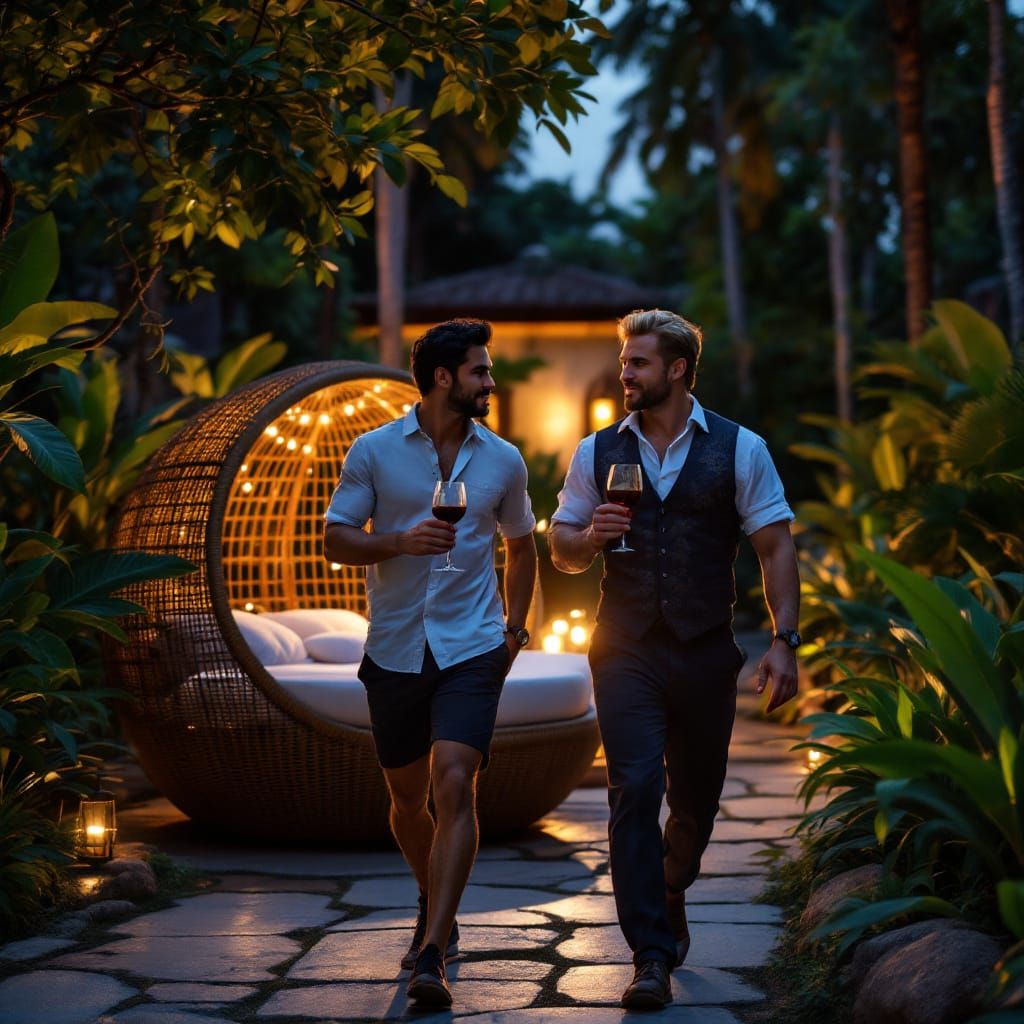 Romantic Evening Stroll in Tropical Hacienda Garden