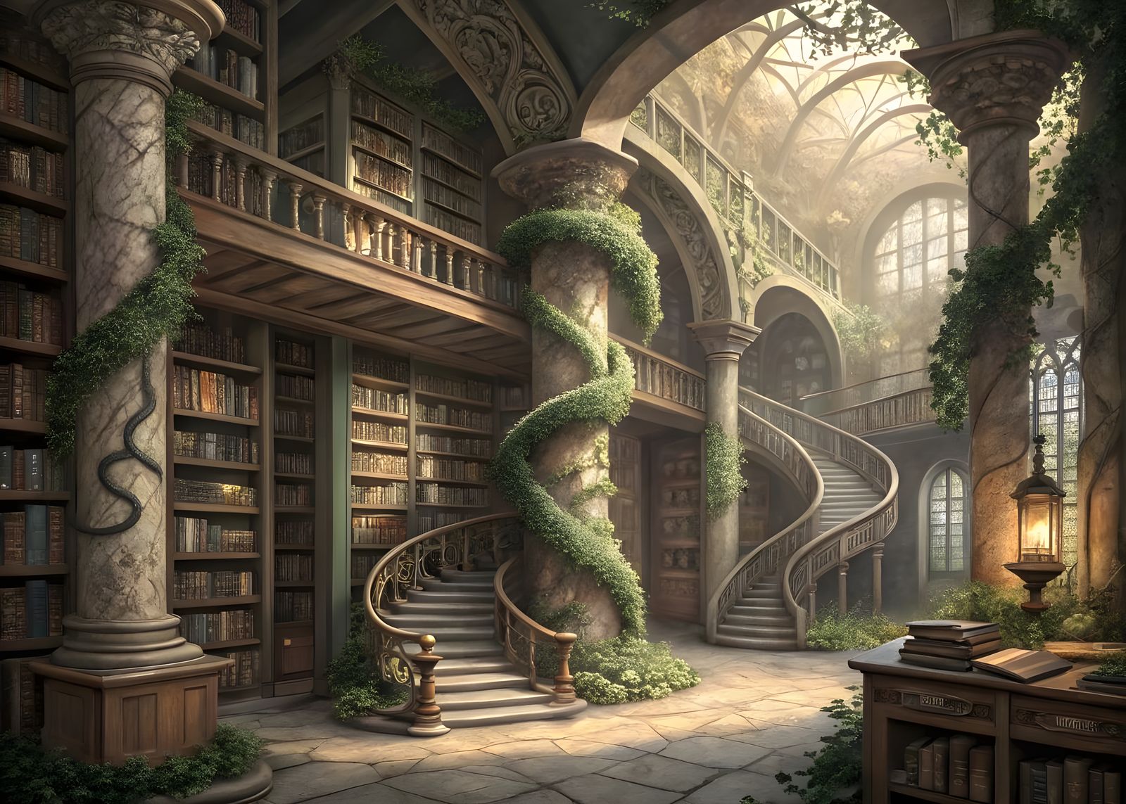 Whimsical Library Invaded by Vines in a Dreamlike Atmosphere