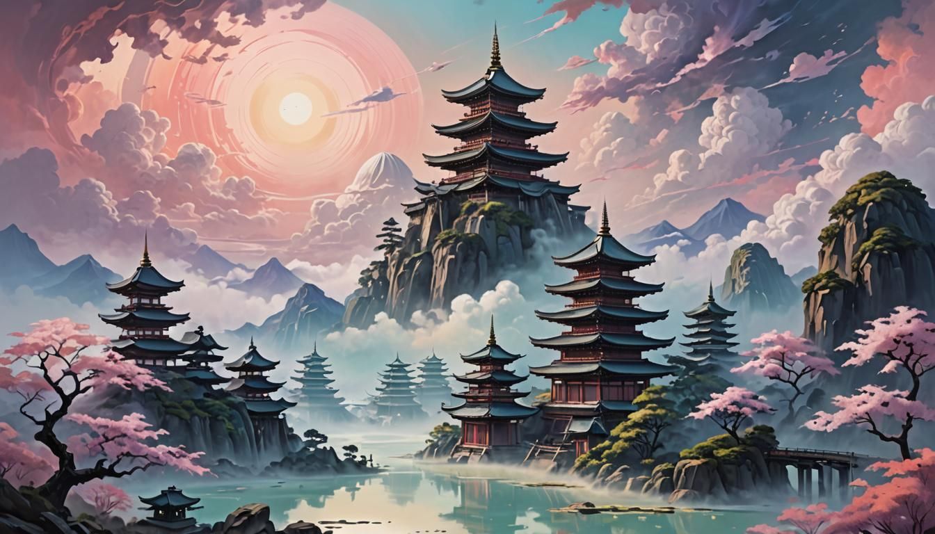 Ethereal Alien Landscape with Shinto Temple