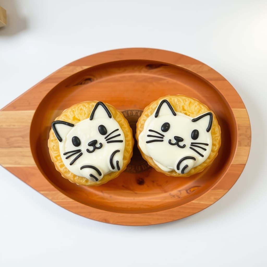 Cute Cat Cream Desserts on Wooden Tray