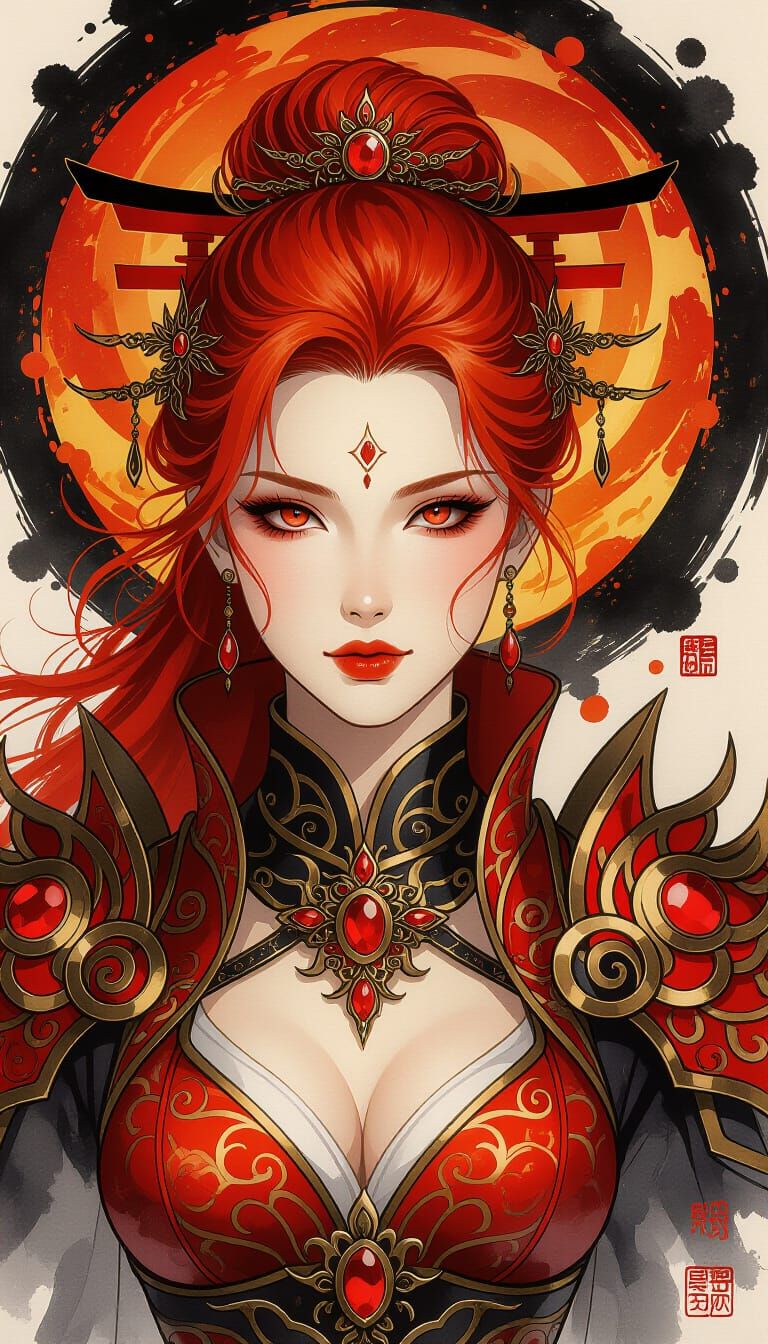 Fiery Woman Portrait in Chinese Ink Painting Style