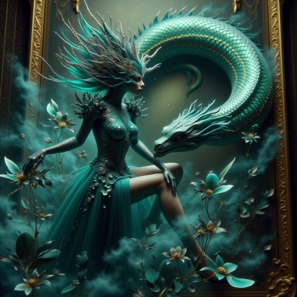 Ethereal Beauty Steps From Baroque Painting with Dragon