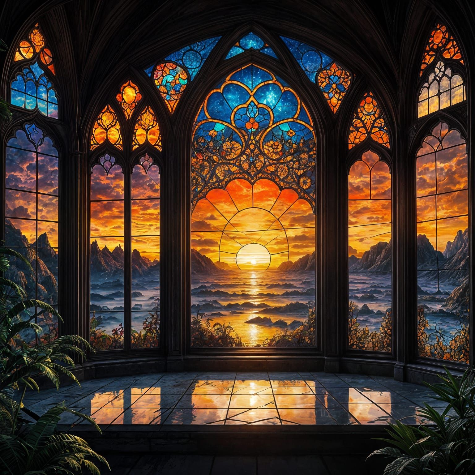 Surreal Orange Sunset Stained Glass Masterpiece