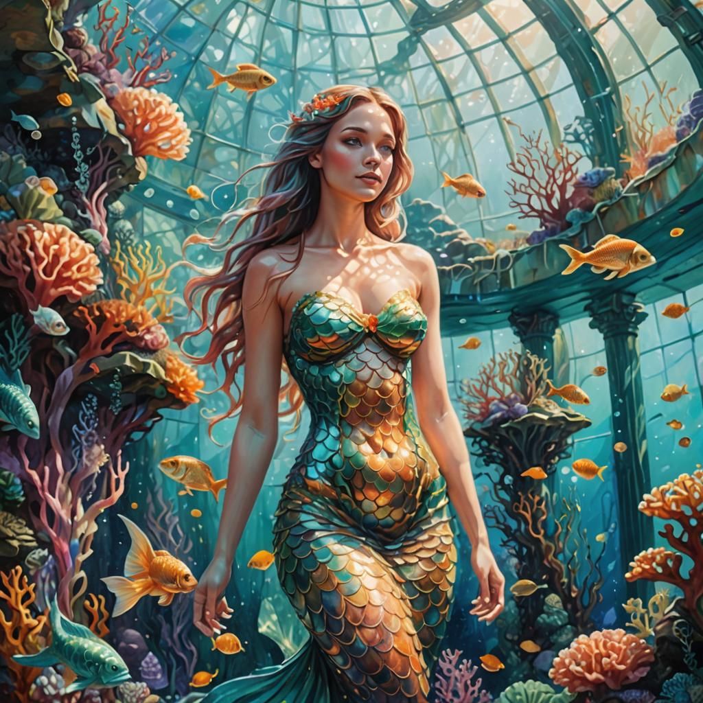 Mermaid in Underwater Biodome: Surreal Oil Painting