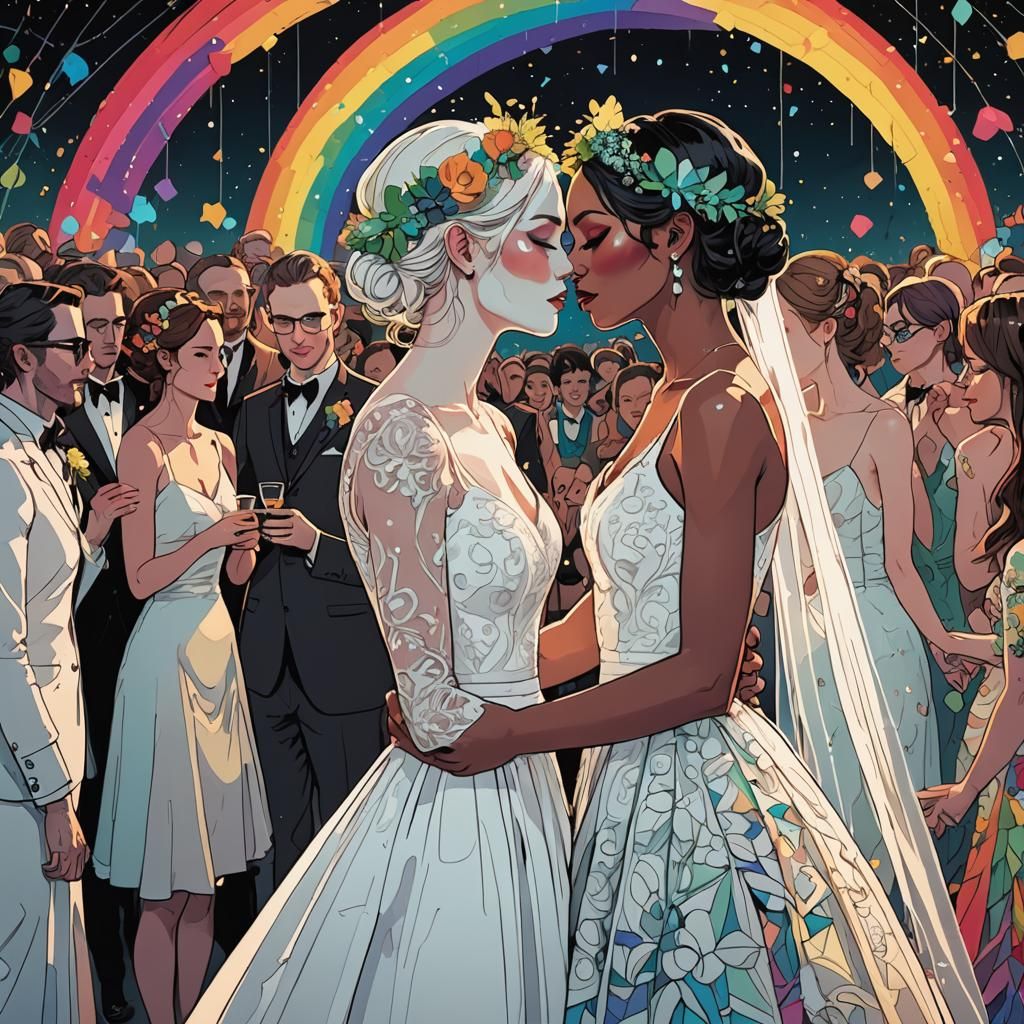 Lesbian Brides Kissing at Rainbow Party