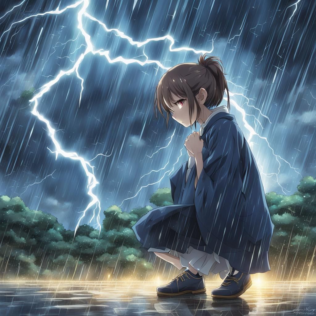 Woman Bowing in Worship During a Storm