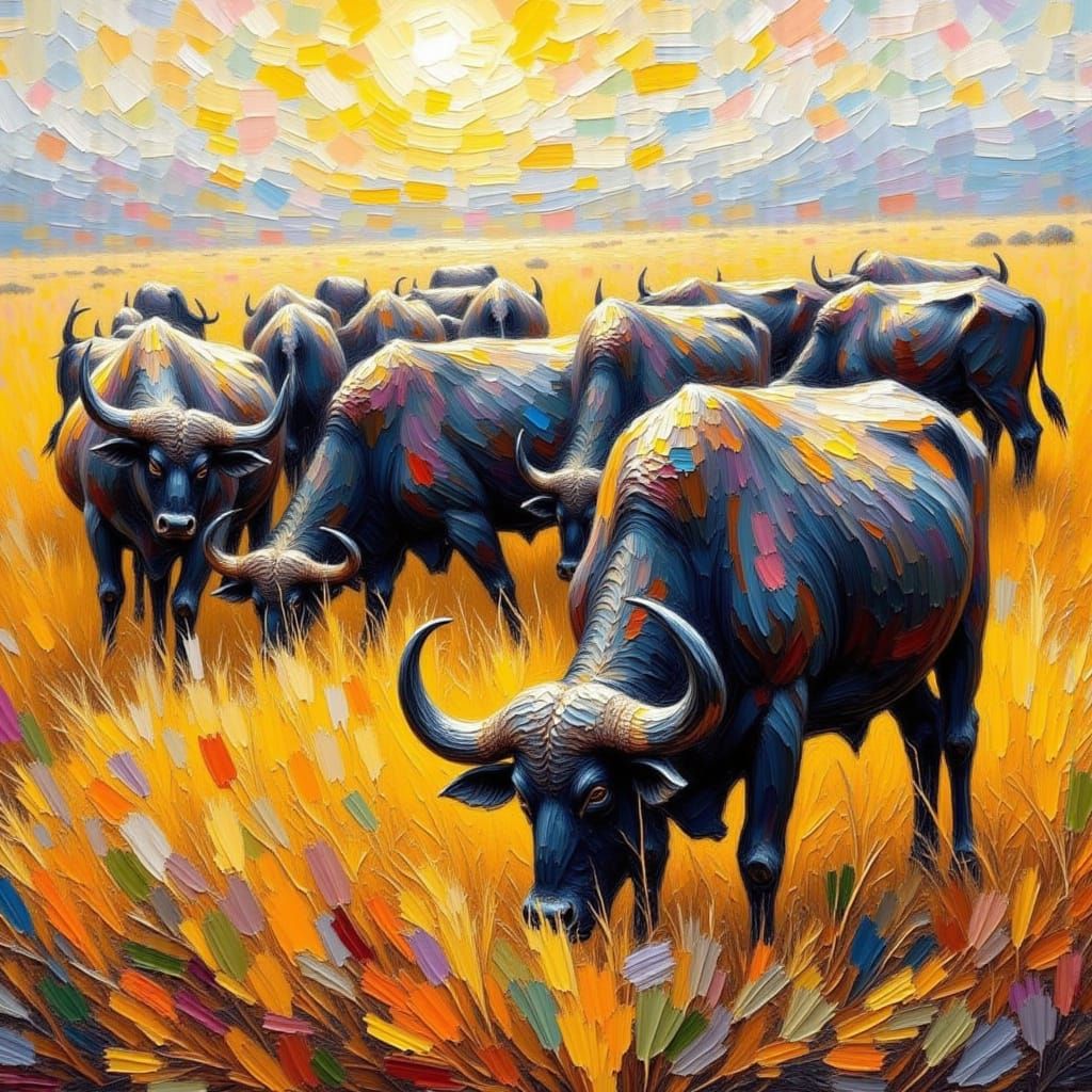 Impasto Painting of Cape Buffalo Grazing in Africa
