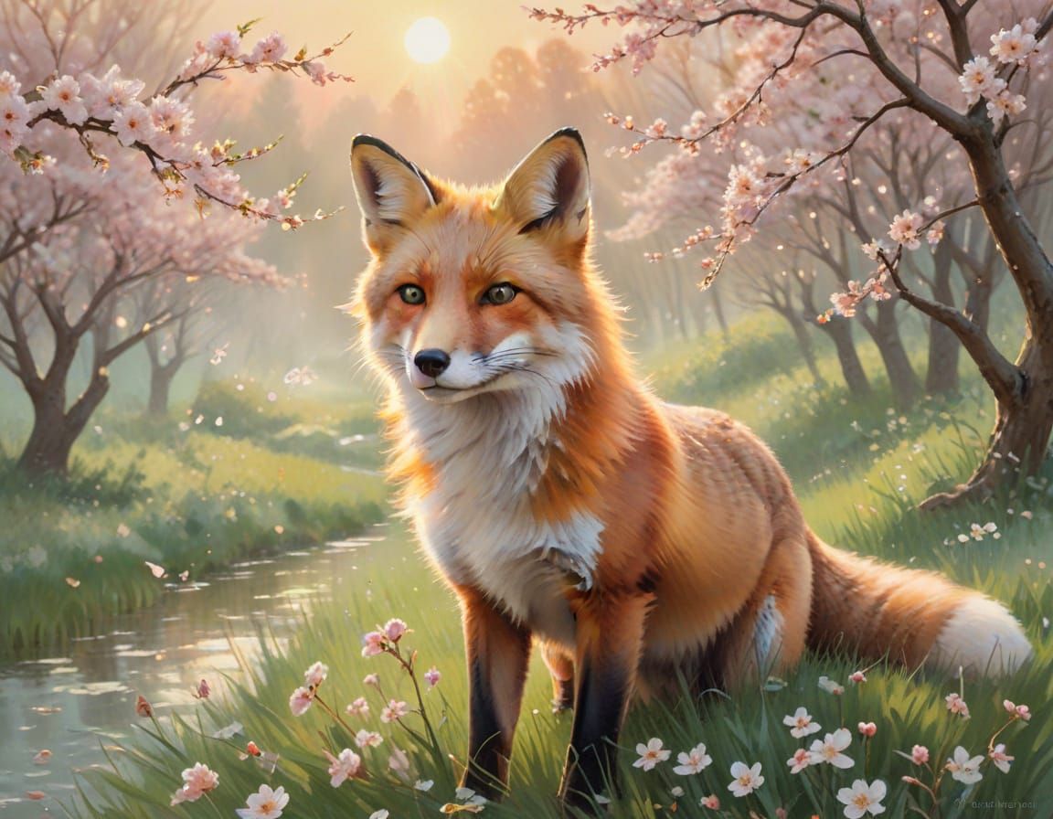 Fox in Cherry Blossoms at Sunrise