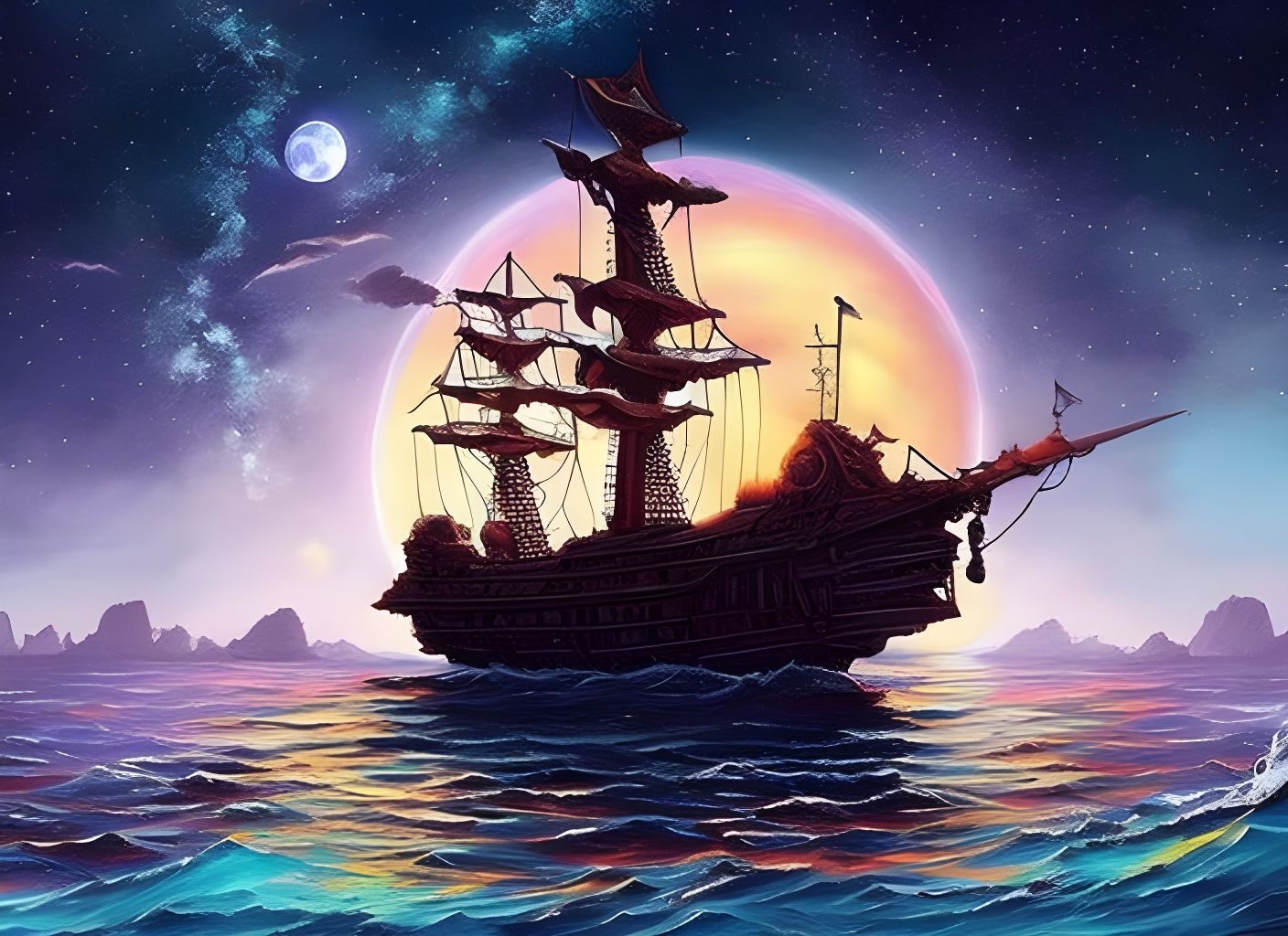 Ghost Pirate Ship Under a Luminous Moon