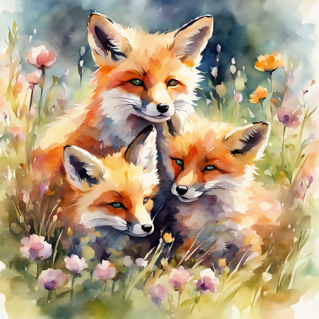Fox Family in Meadow: Whimsical Watercolor