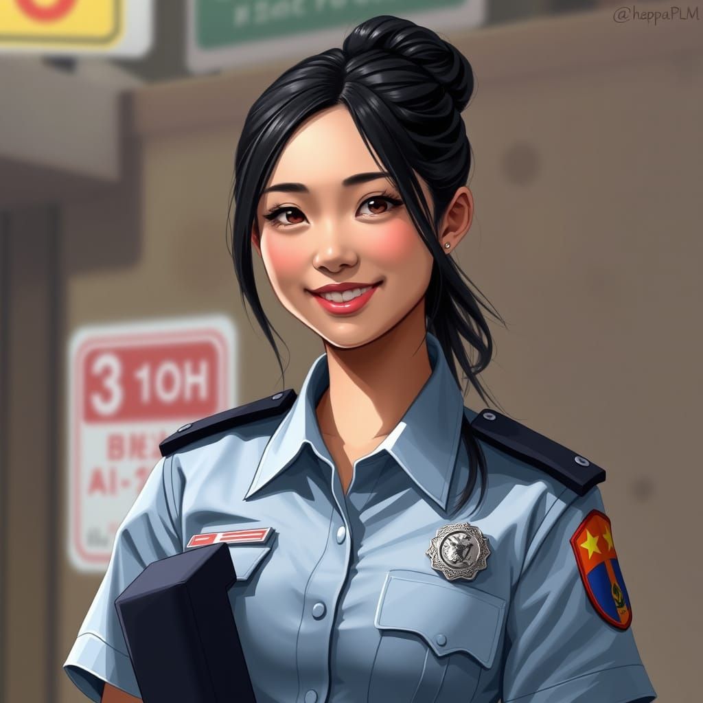 Confident Asian Police Officer in Photorealistic Style
