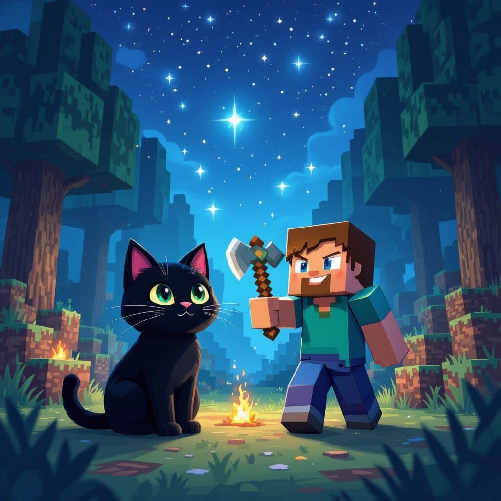 Minecraft Cat in Forest, Stålenhag Style