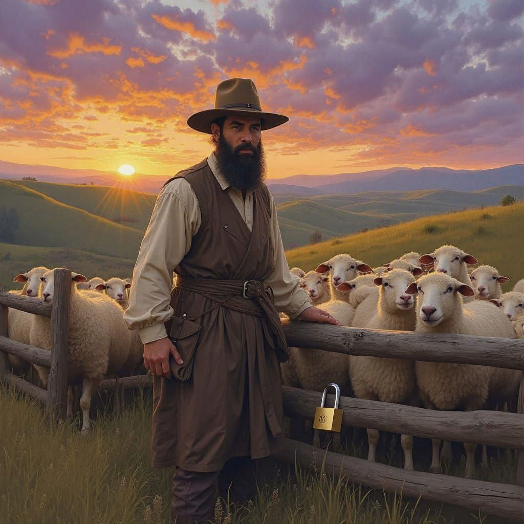 Jewish Shepherd Securing Sheep at Sunset