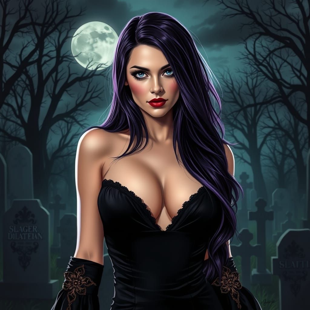 Gothic Woman in Moonlit Graveyard