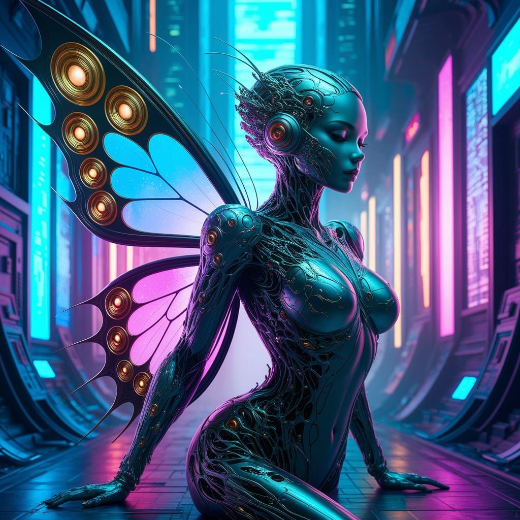 Cybernetic Iron Butterfly in Cyberpunk Setting