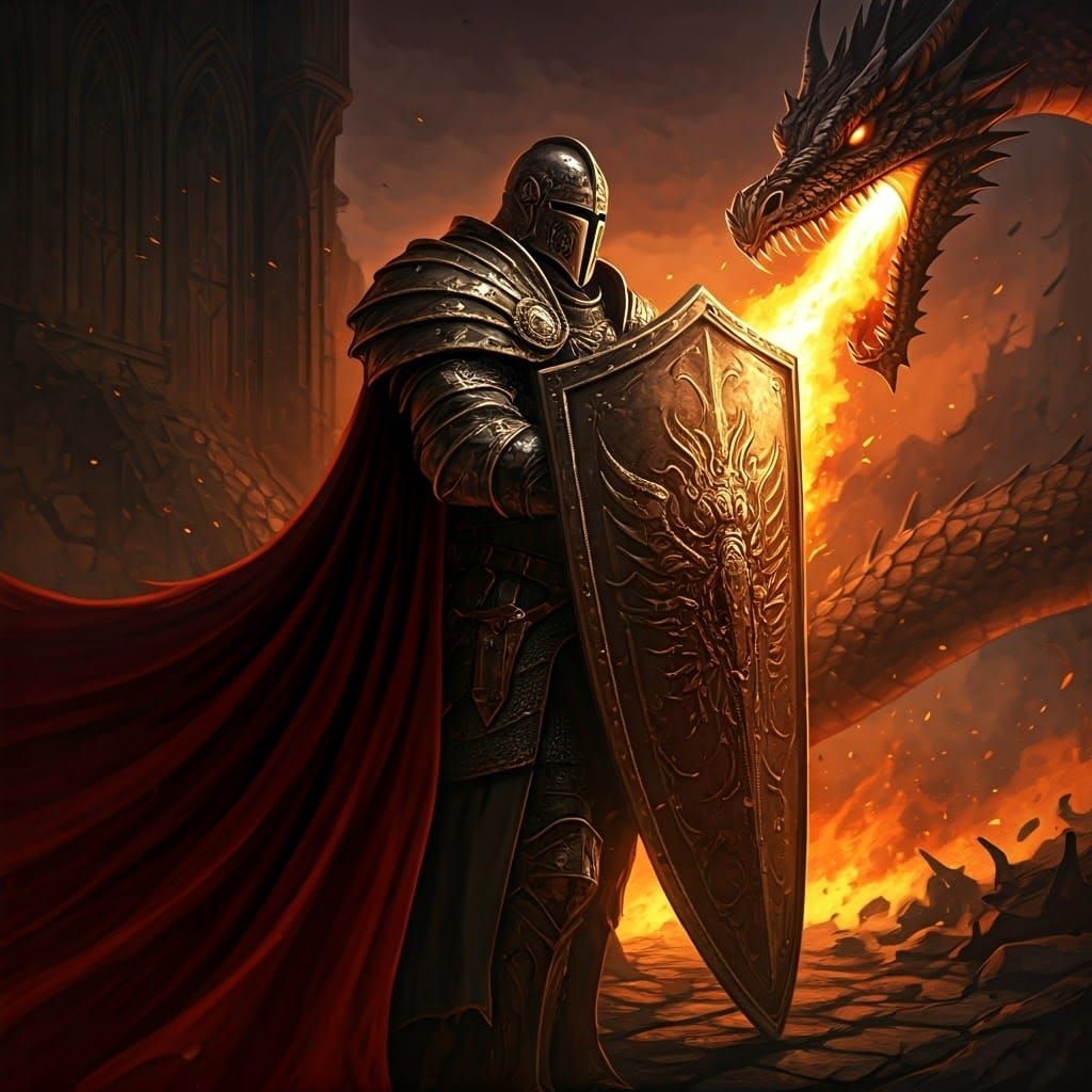 knight in armor and his fierce dragon