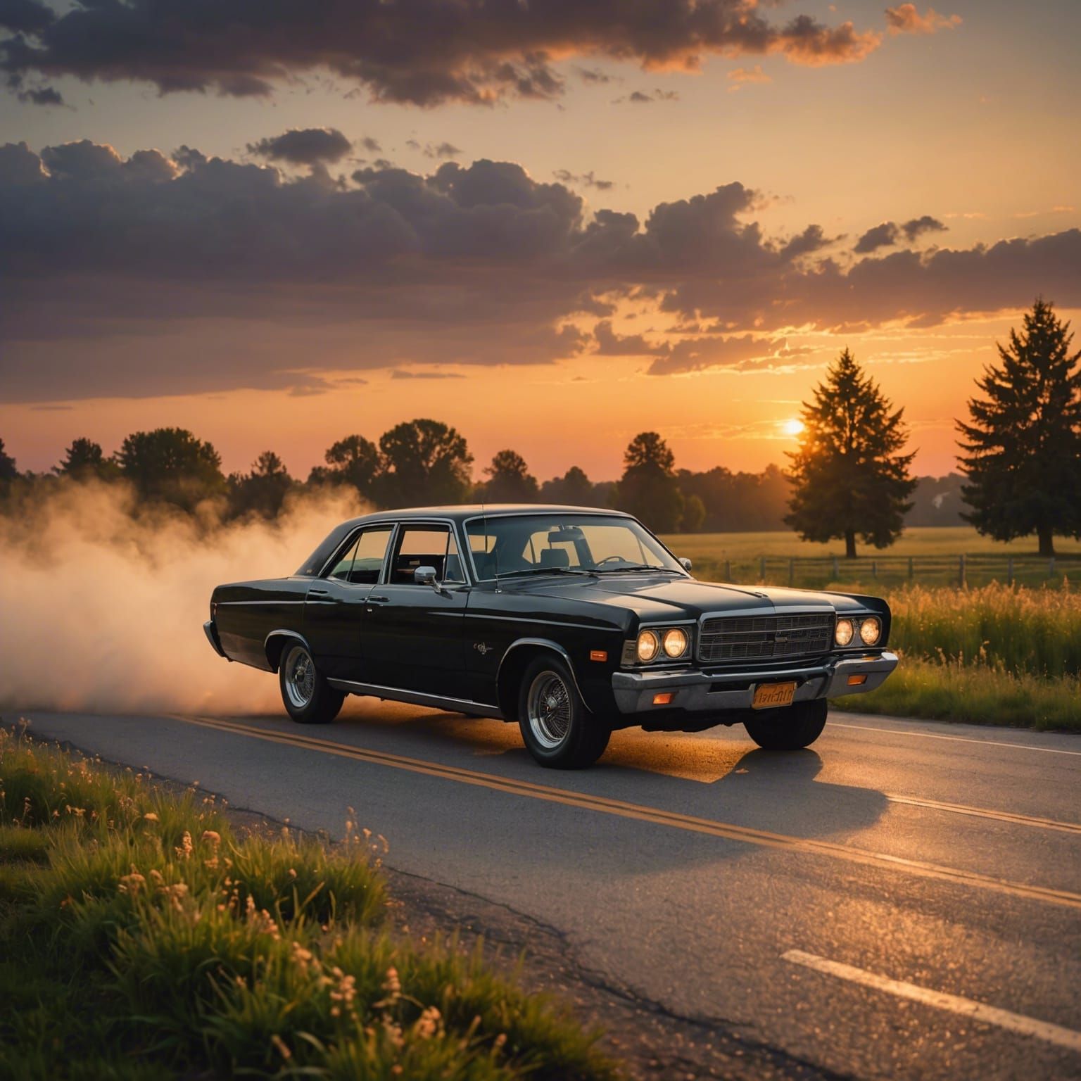Black Car Flying in Orange Summer Sky