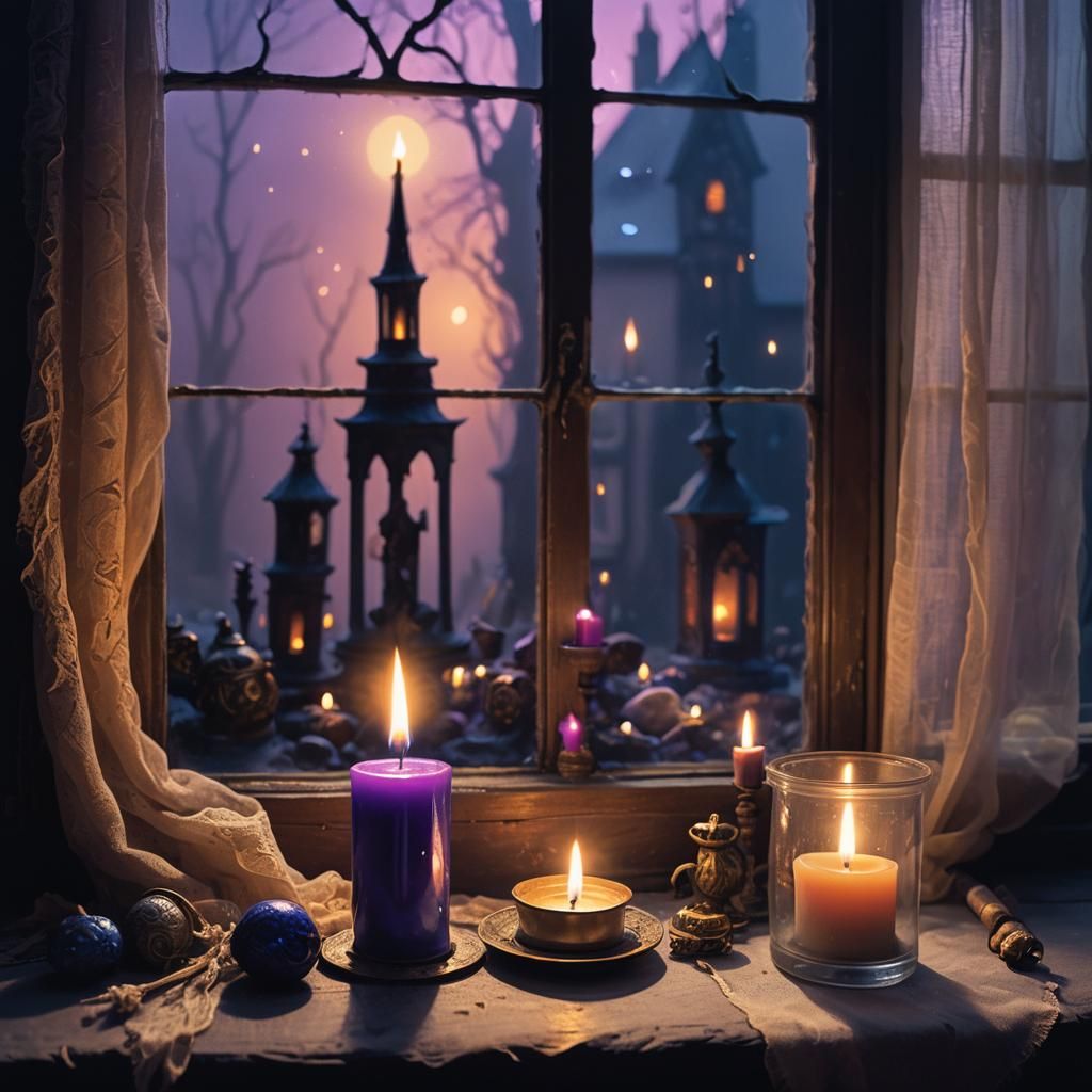 Enchanting Nocturnal Scene: Candlelight and Mystical Artifac...