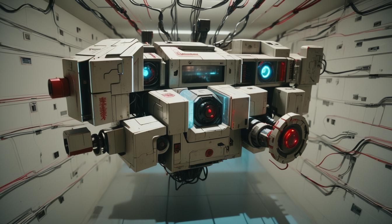 Sinister Robot Blocks Corridor in Cyberpunk Film Still