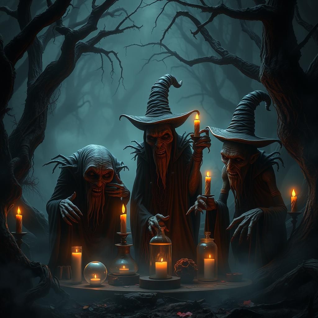 Grotesque Witches Gathering in a Dark Fantasy Forest