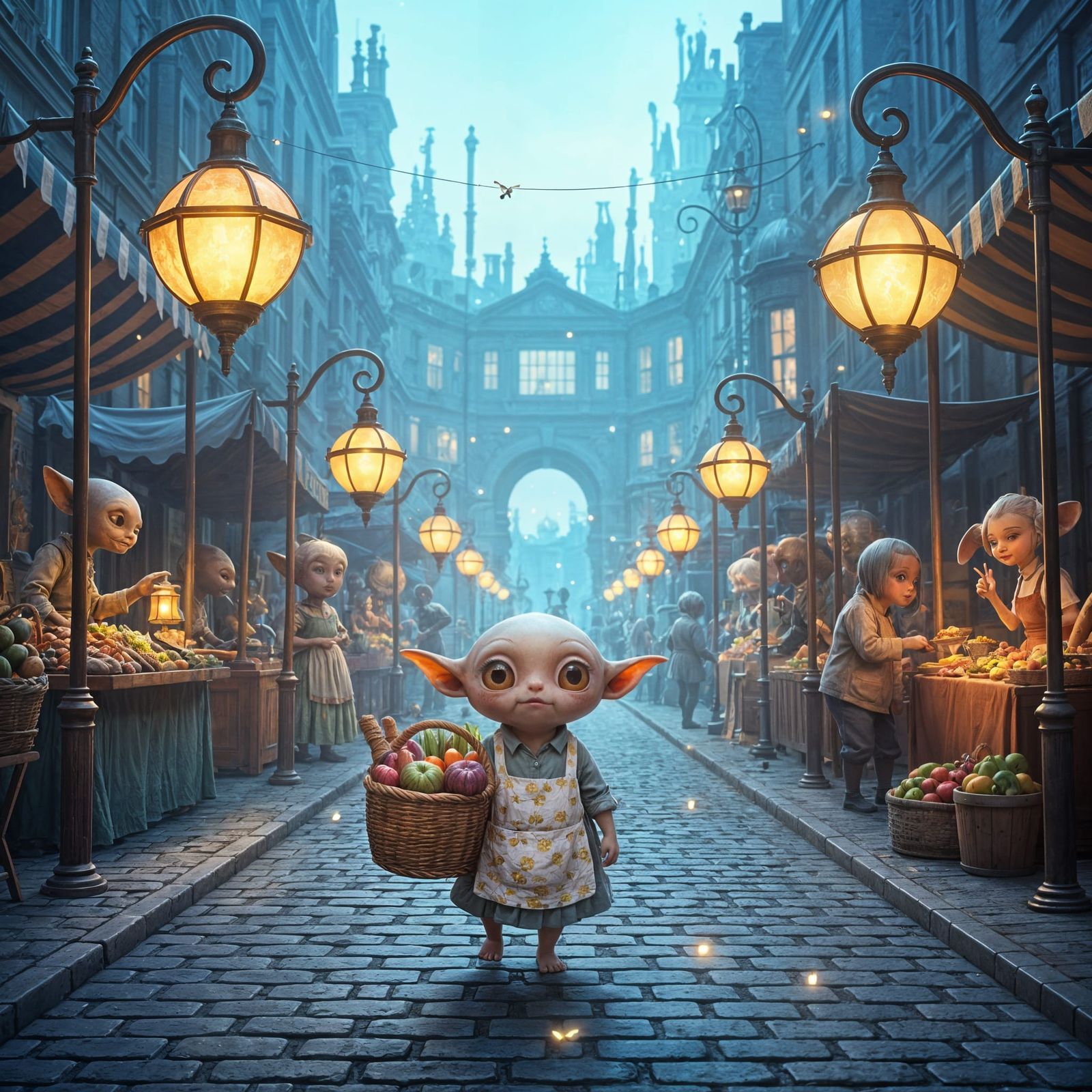 Bustling Alien Market in Victorian Steampunk Style