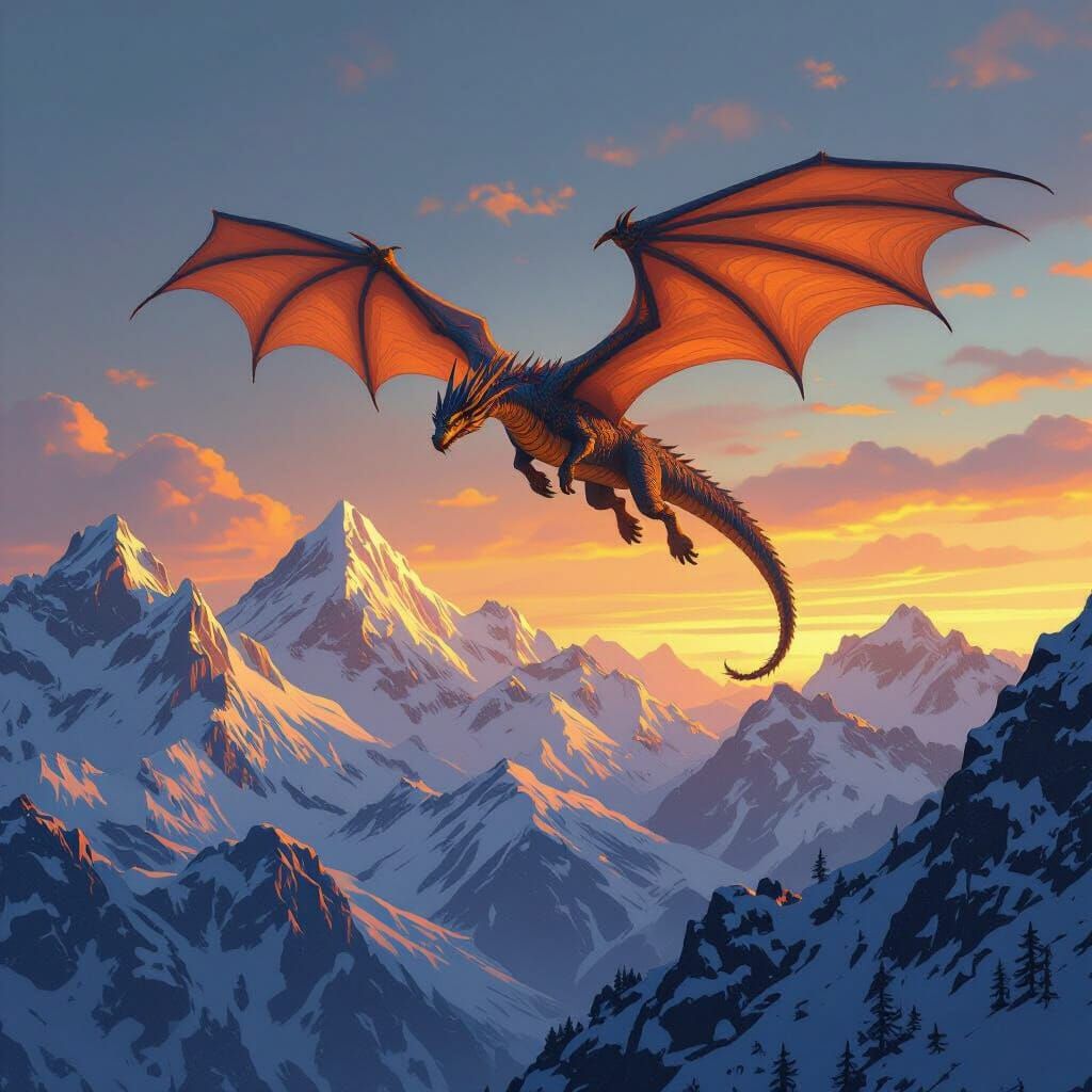 Dragon Soaring Over Mountains at Twilight