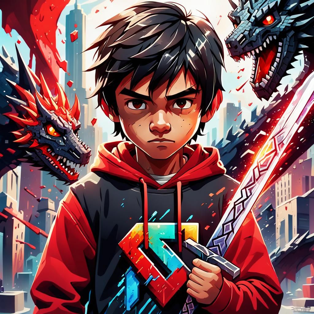 Minecraft Boy Battles Ender Dragon in Graffiti Art Style