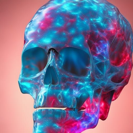 Hyper realistic beautiful glowing glass red and blue crystal skull smoking with cosmic energy, cracked fractal effect, p...