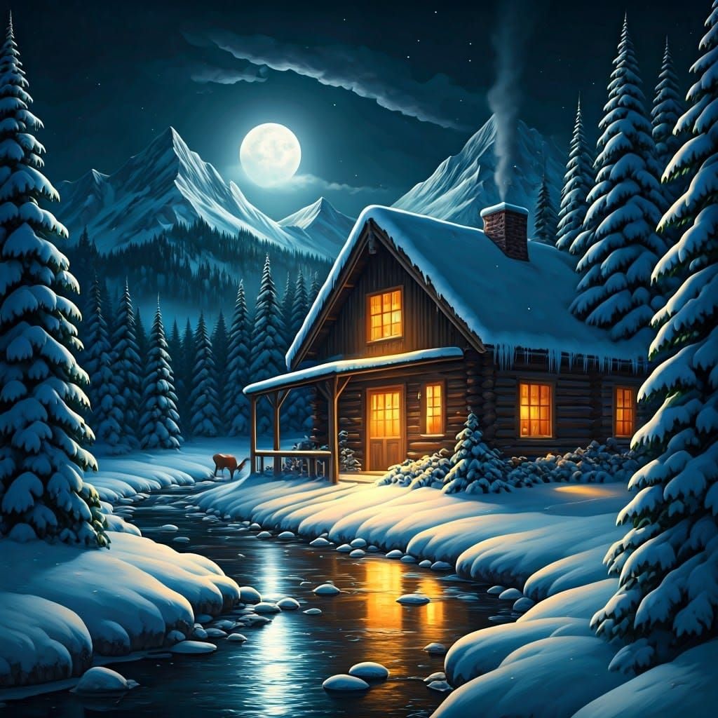 Snowy Mountain Cabin Under Bright Moon with Deer