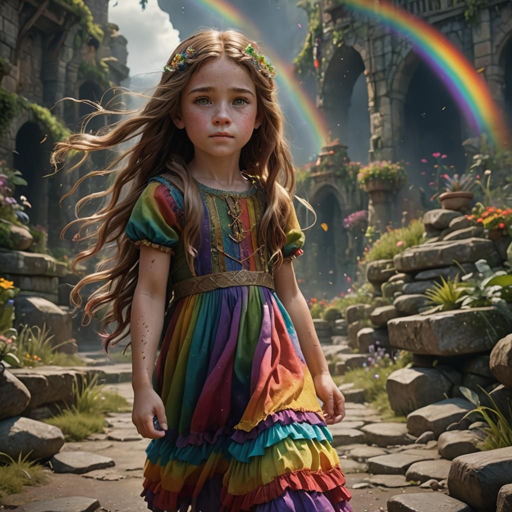 Girl in Rainbow Dress: Detailed Matte Painting