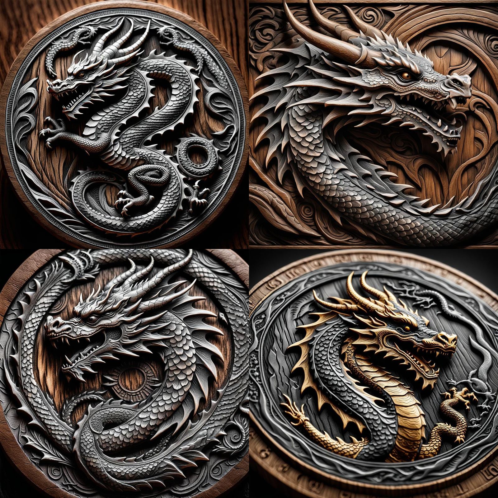 Dragon Coin Bas-Relief Wood Carving in Grayscale