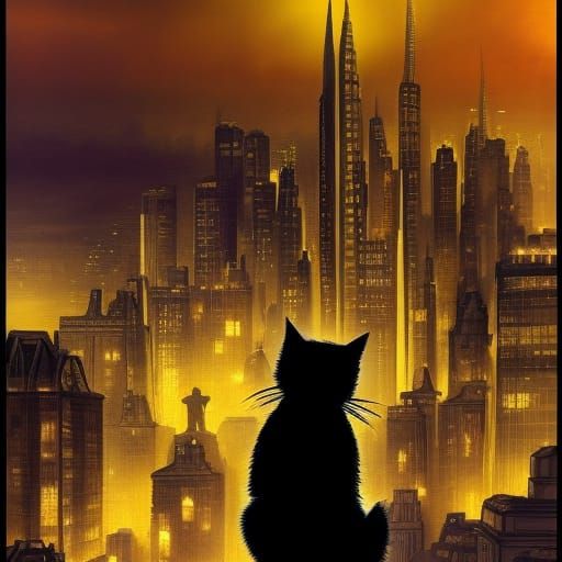 Black Cat Smoking in Ravine Over City at Night