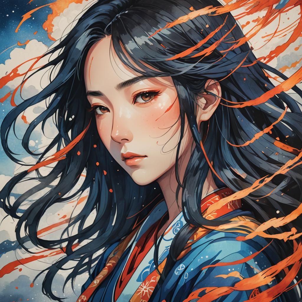 A captivating anime-inspired ukiyo-e portrait of a woman wit...