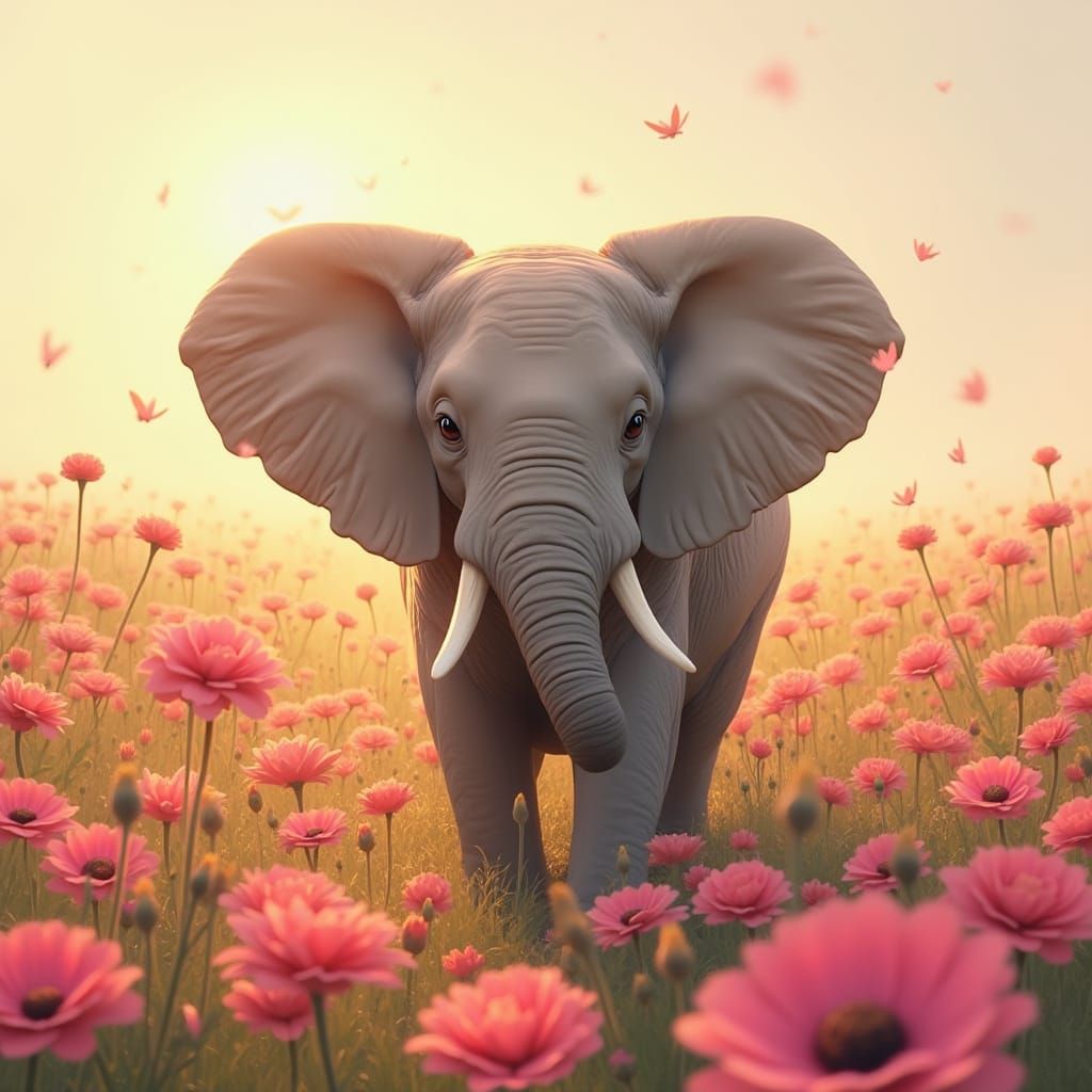 Elephant in Pink Gerberas: Whimsical Dreamscape