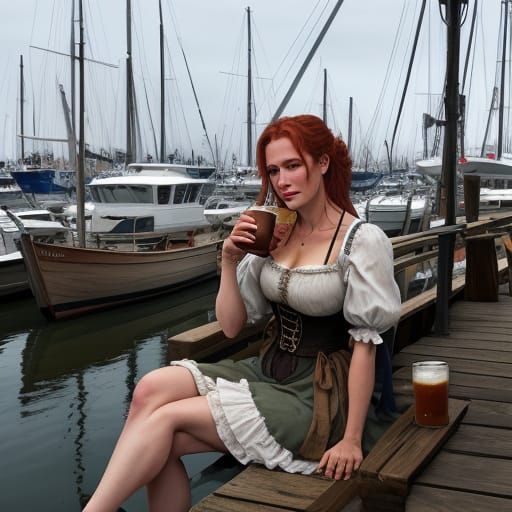 An exhausted dockside wench in a battered dress, sitting on ...