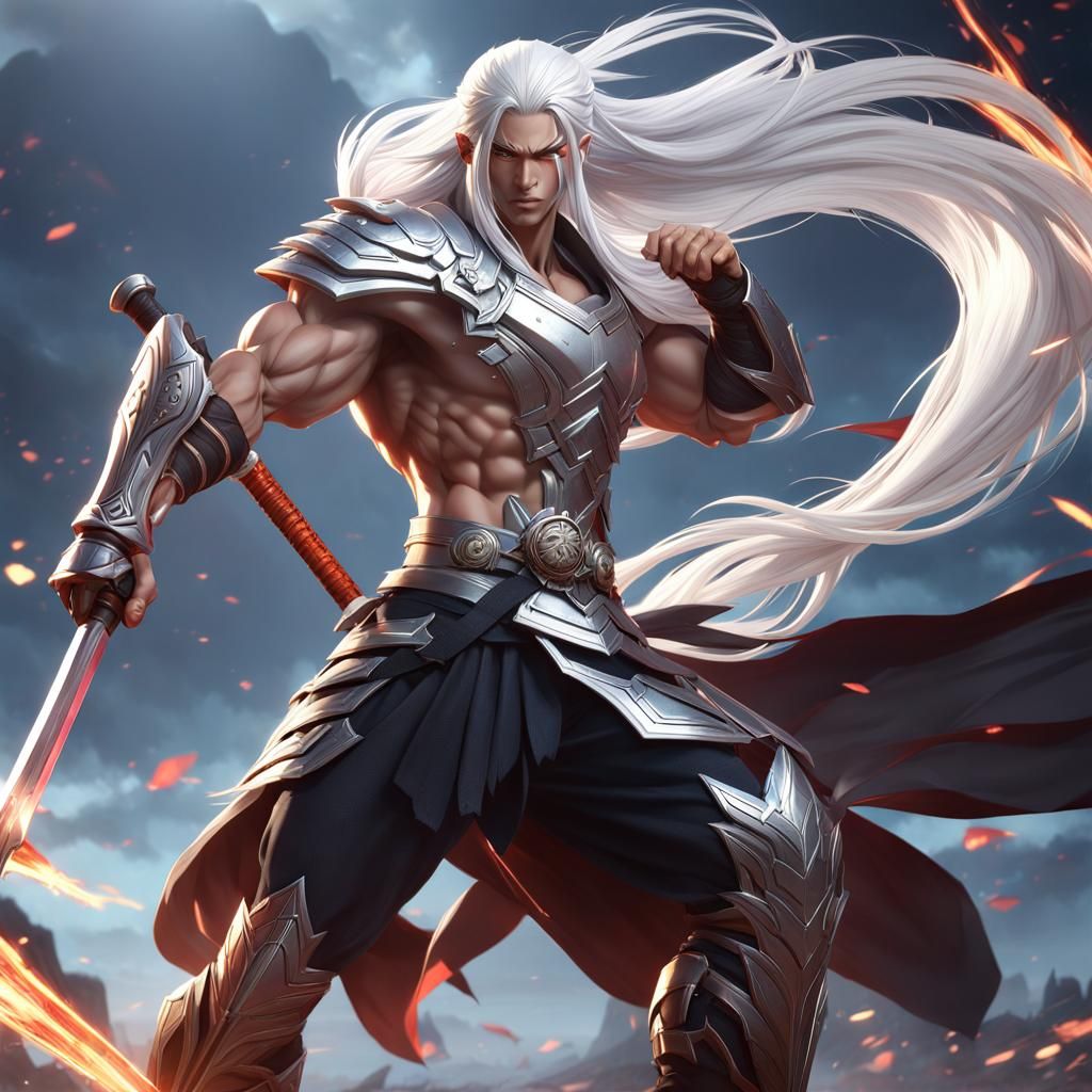 asian muscle warrior long white hair flowing standing like a...