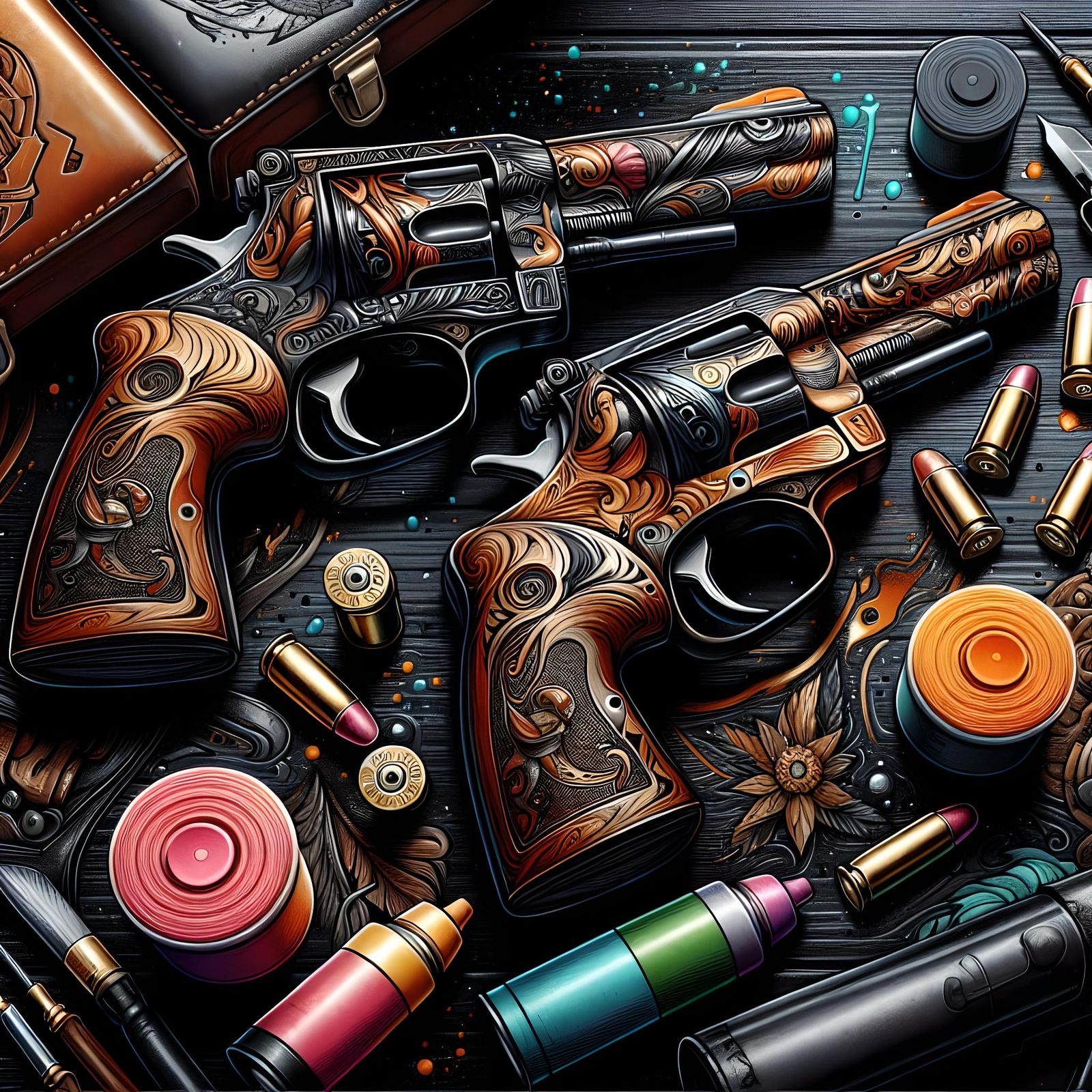 Detailed Revolvers with Tattoo Linework and Graffiti Element...