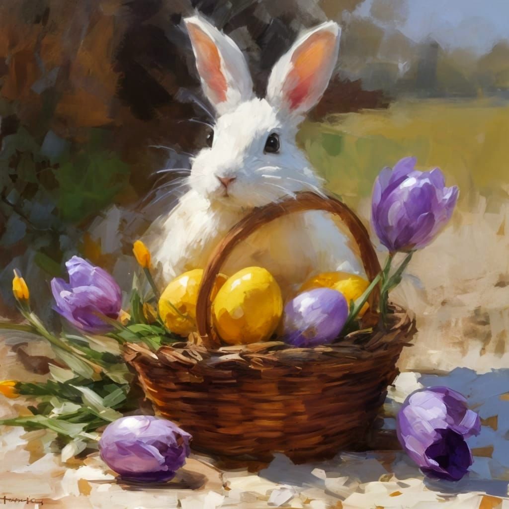 Whimsical Easter Scene in Vibrant Impasto Style