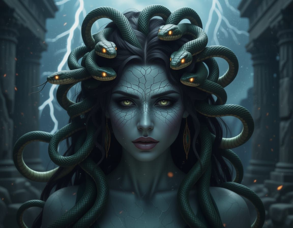 Gorgon Medusa with Glowing Snakes and Ancient Scars
