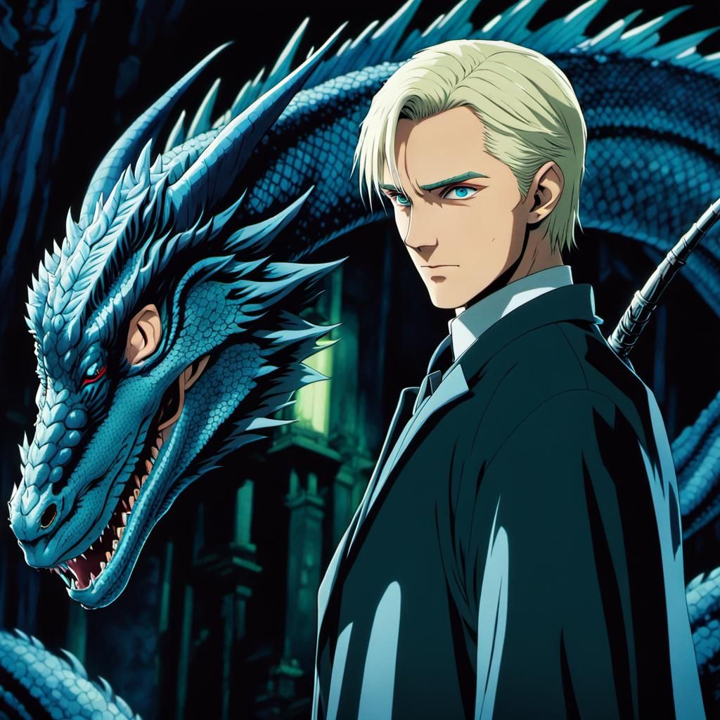 Draco Malfoy and Basilisk in Anime Manga Style