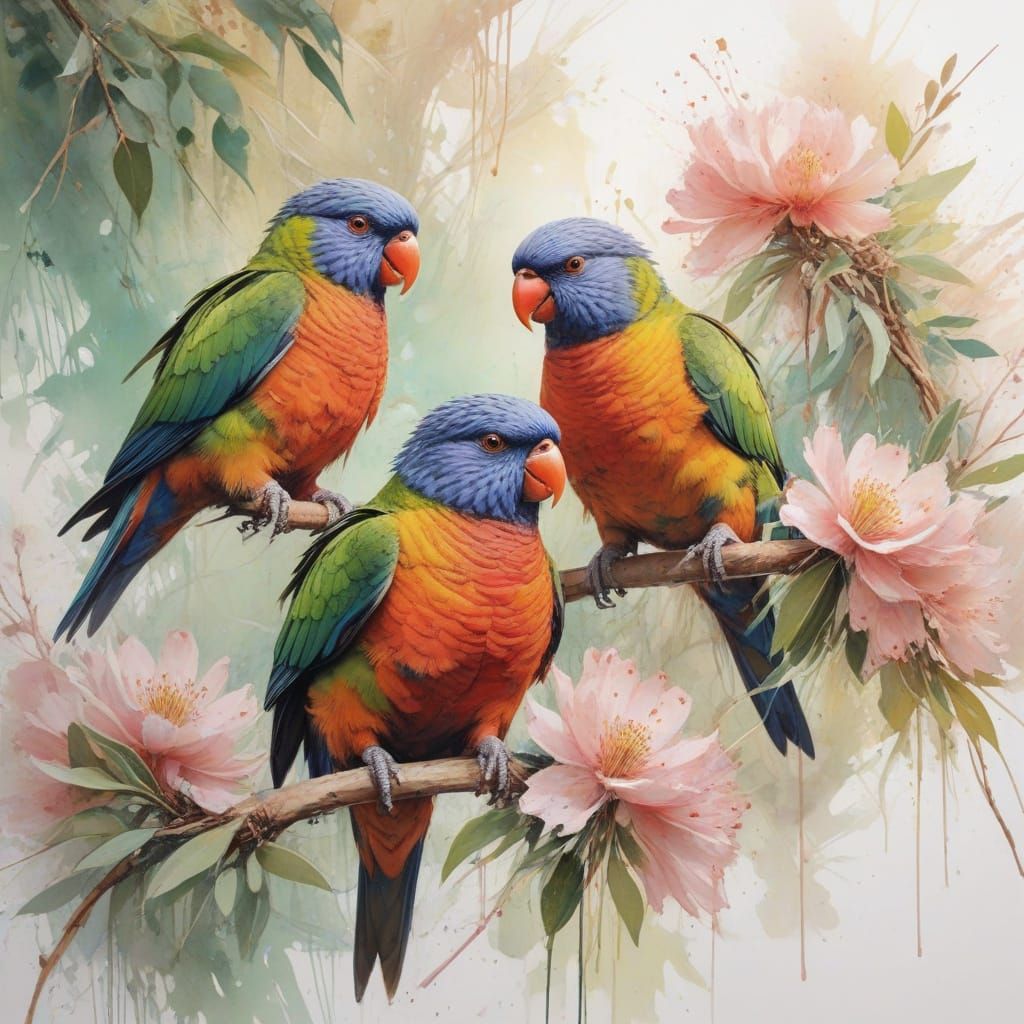 Rainbow Lorikeets Preening in Ethereal Canopy