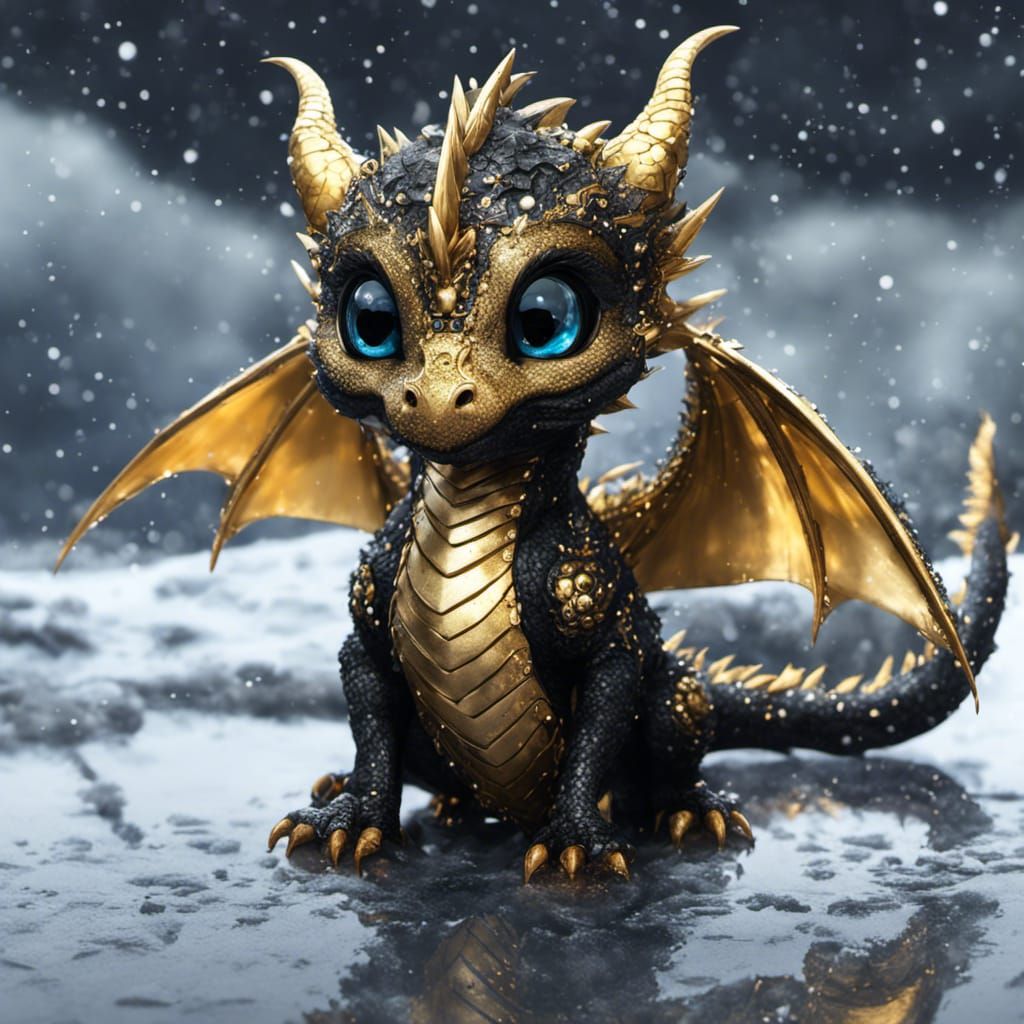 Adorable Chibi Dragon in Rainy Winter Sky