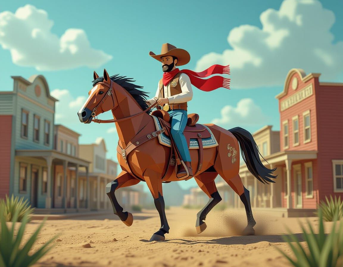 Cowboy Riding Horse Towards Town in 3D Paper Sculpture Style