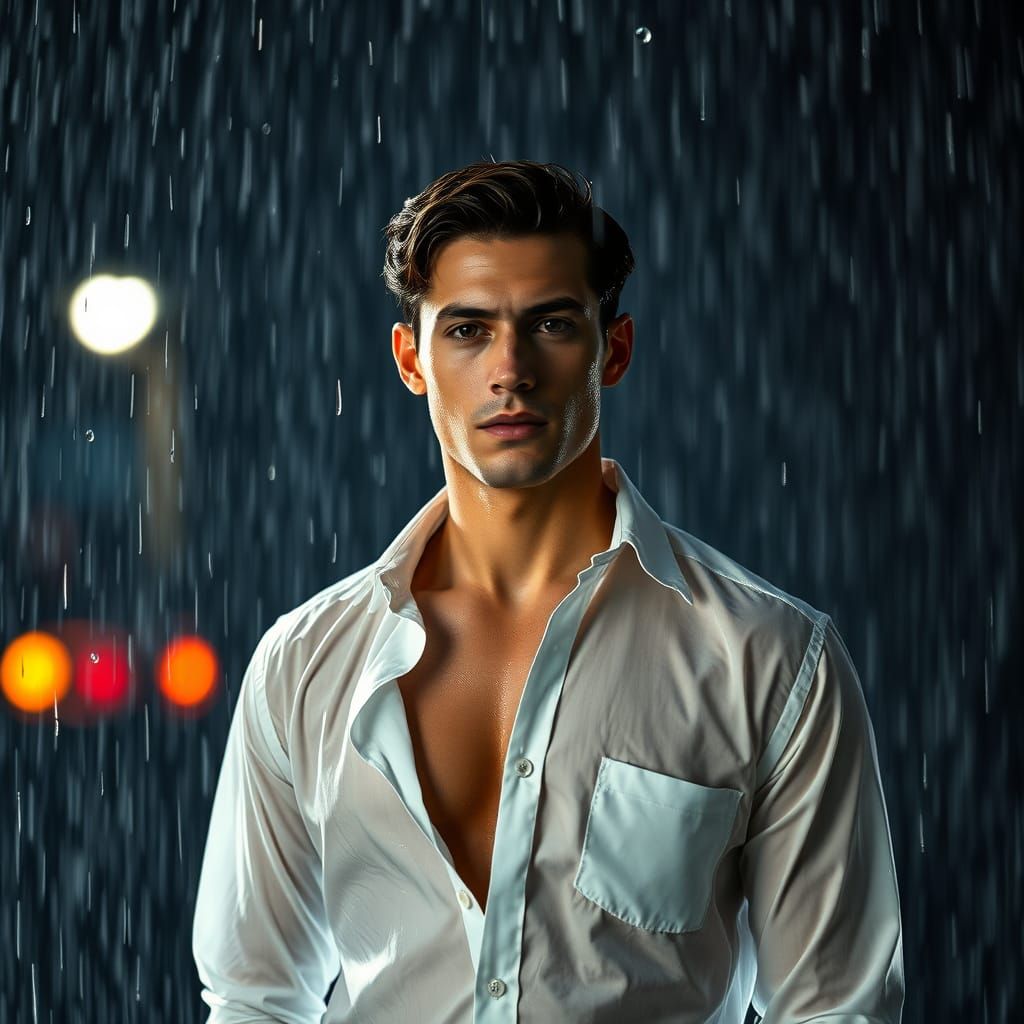 Dramatic Male Model in Rain, Cinematic Editorial