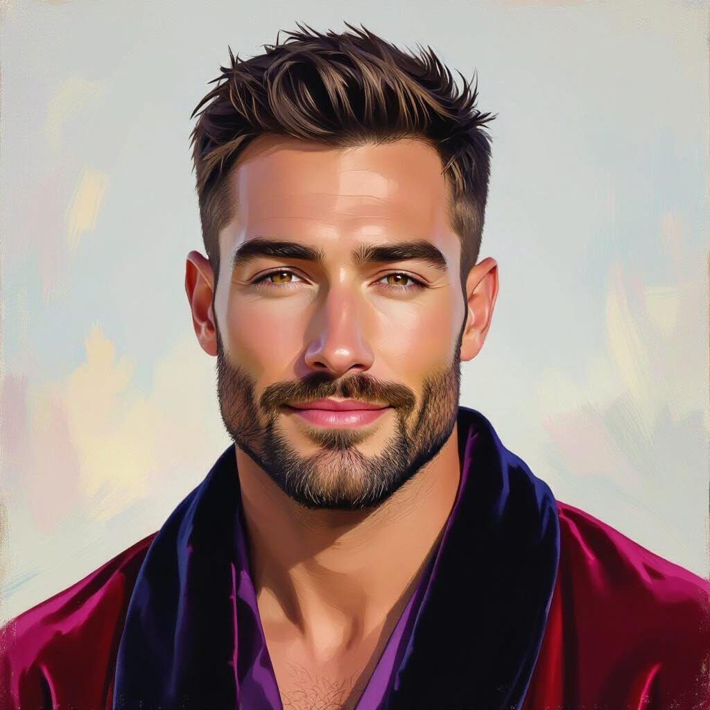Handsome Man in Velvet Robe in Impressionist Garden